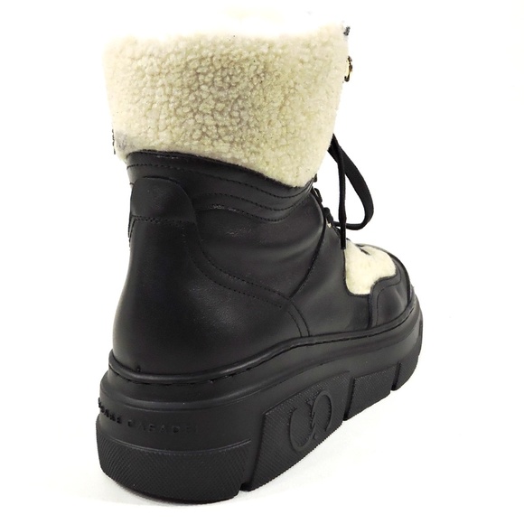CASADEI 🇮🇹 WOMEN'S BLACK SOFT LEATHER WHITE MERINO FUR WINTER FASHION BOOTIE - Picture 5 of 12